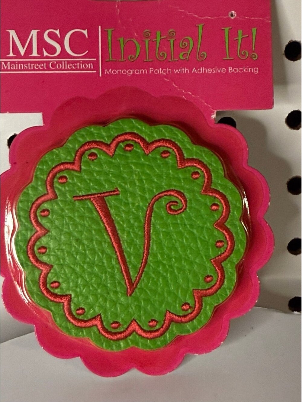 3 inch letter β V β Monogram patch adhesive backing green with pink letter